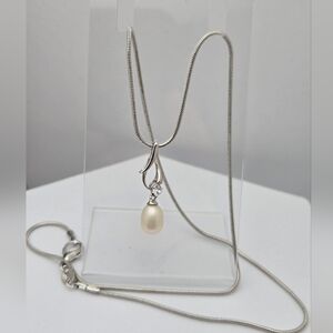 Freshwater White Real Pearl Necklace 18” Sterling Sterling 925 Snake Chain NWOT